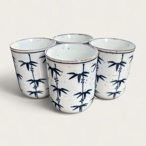 Set Of 4 Vintage Blue And White Bamboo Motif Stoneware Takahashi Tea Cups